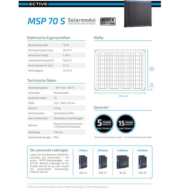 ECTIVE MSP 70s Black Monokristallines Solarmodul 70W (Umsatzsteuerbefreit)